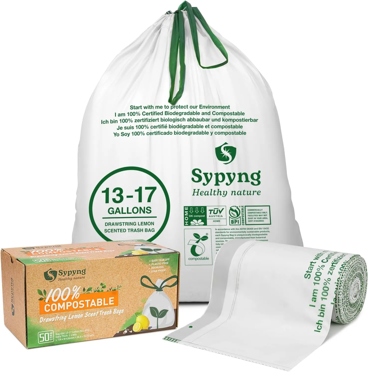 100% Biodegradable & Recyclable 13-17 Gallon Compost bags,Drawstring with Heavy Duty Garbage Bags 50 Counts