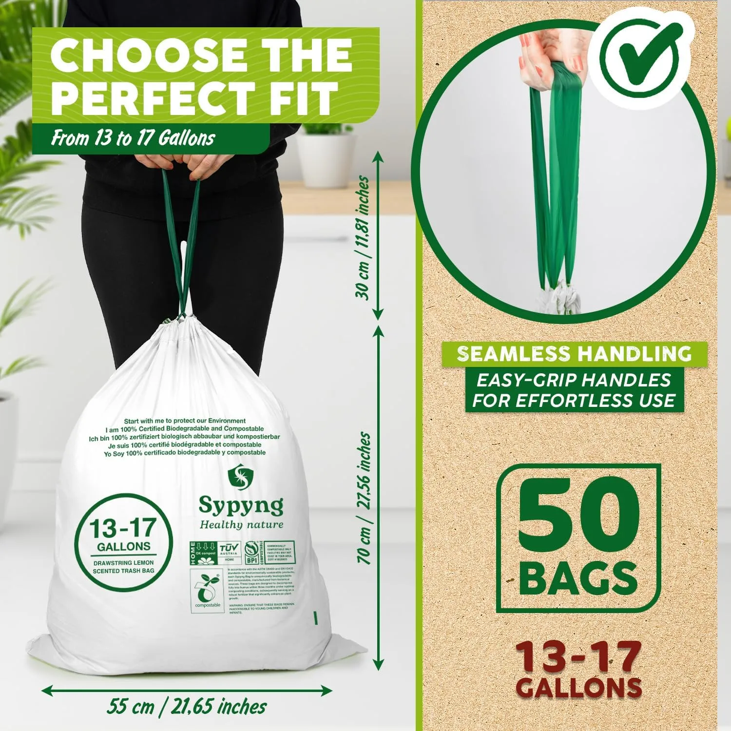 100% Biodegradable & Recyclable 13-17 Gallon Compost bags,Drawstring with Heavy Duty Garbage Bags 50 Counts