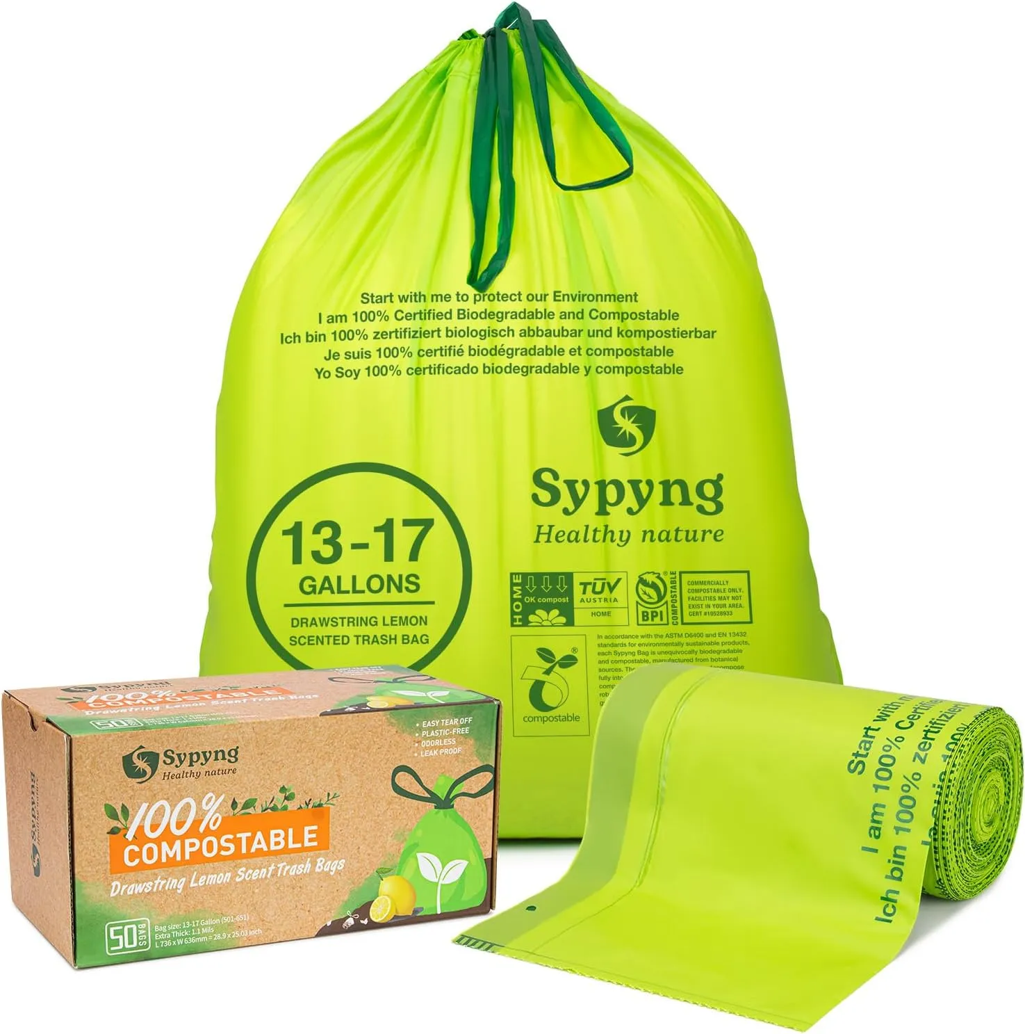 100% Biodegradable & Recyclable 13-17 Gallon Compost bags,Drawstring with Heavy Duty Garbage Bags 50 Counts