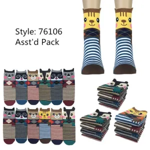 12pack Women's Cute Art Cartoon Colorful Casual Crew Cotton Animal Socks # 76106