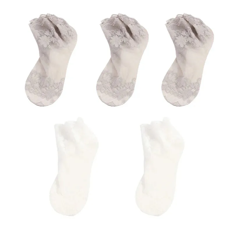 5 Pairs Summer Breathable Women Socks, Elastic Thin Leaves Design, Transparent Lace Invisible Lolita Boat Socks