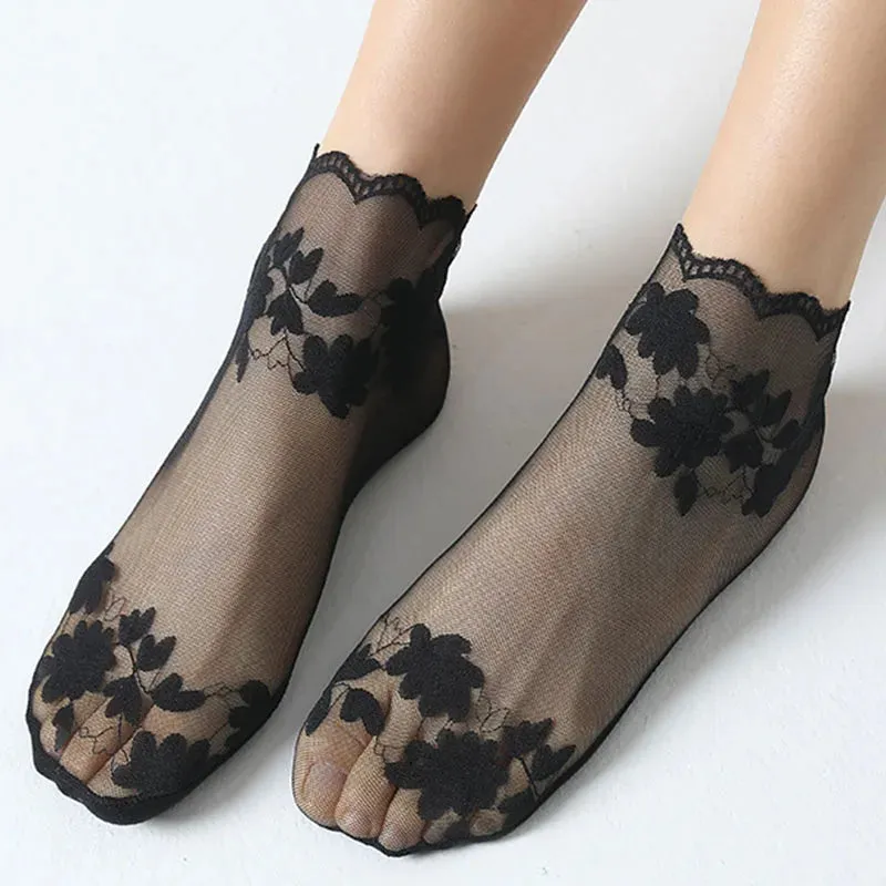 5 Pairs Summer Breathable Women Socks, Elastic Thin Leaves Design, Transparent Lace Invisible Lolita Boat Socks