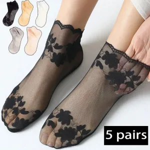 5 Pairs Summer Breathable Women Socks, Elastic Thin Leaves Design, Transparent Lace Invisible Lolita Boat Socks