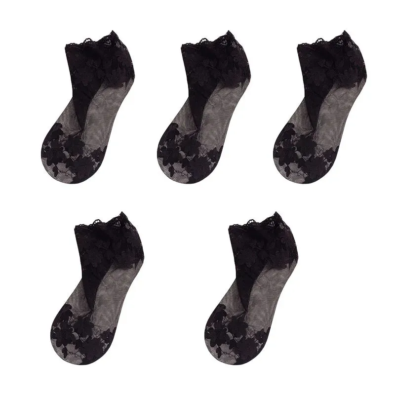 5 Pairs Summer Breathable Women Socks, Elastic Thin Leaves Design, Transparent Lace Invisible Lolita Boat Socks