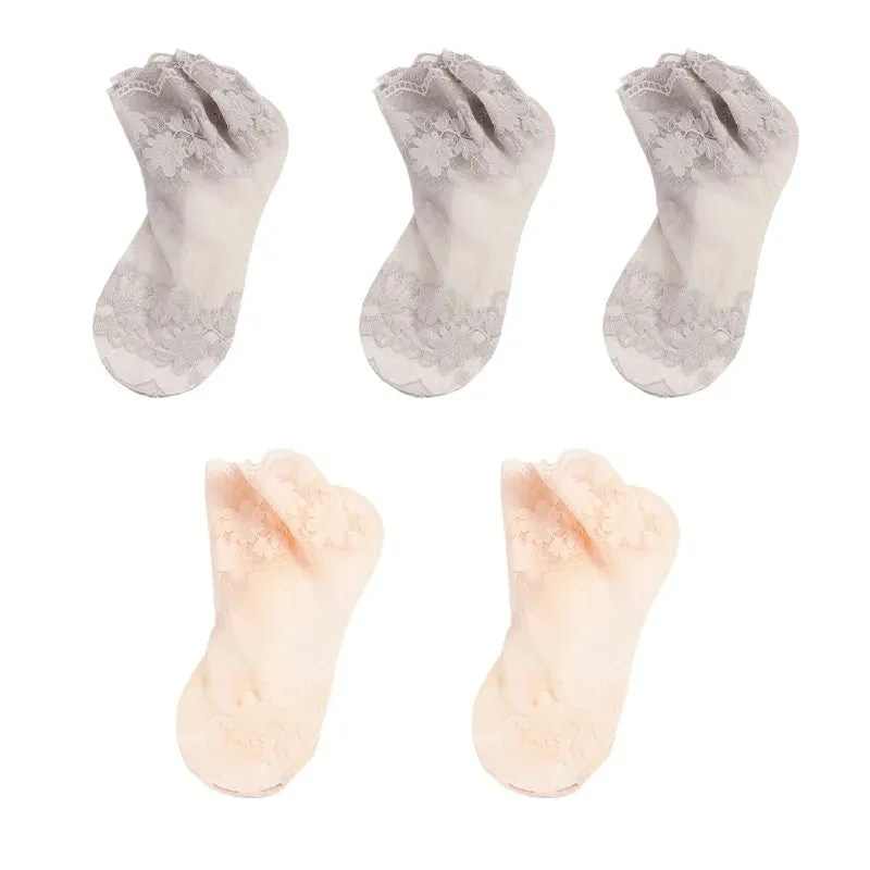 5 Pairs Summer Breathable Women Socks, Elastic Thin Leaves Design, Transparent Lace Invisible Lolita Boat Socks