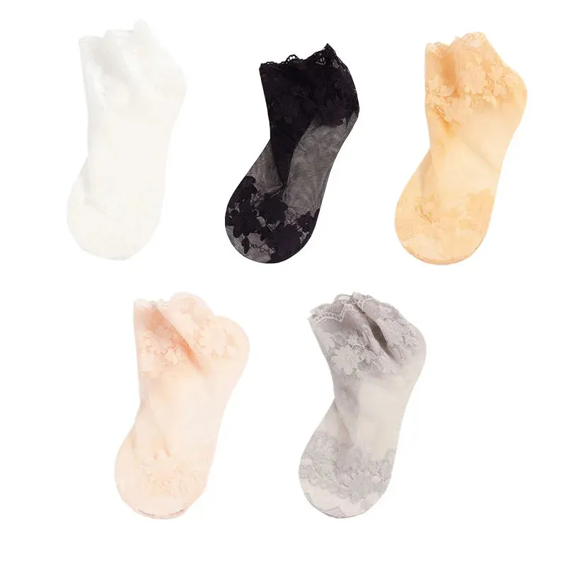 5 Pairs Summer Breathable Women Socks, Elastic Thin Leaves Design, Transparent Lace Invisible Lolita Boat Socks