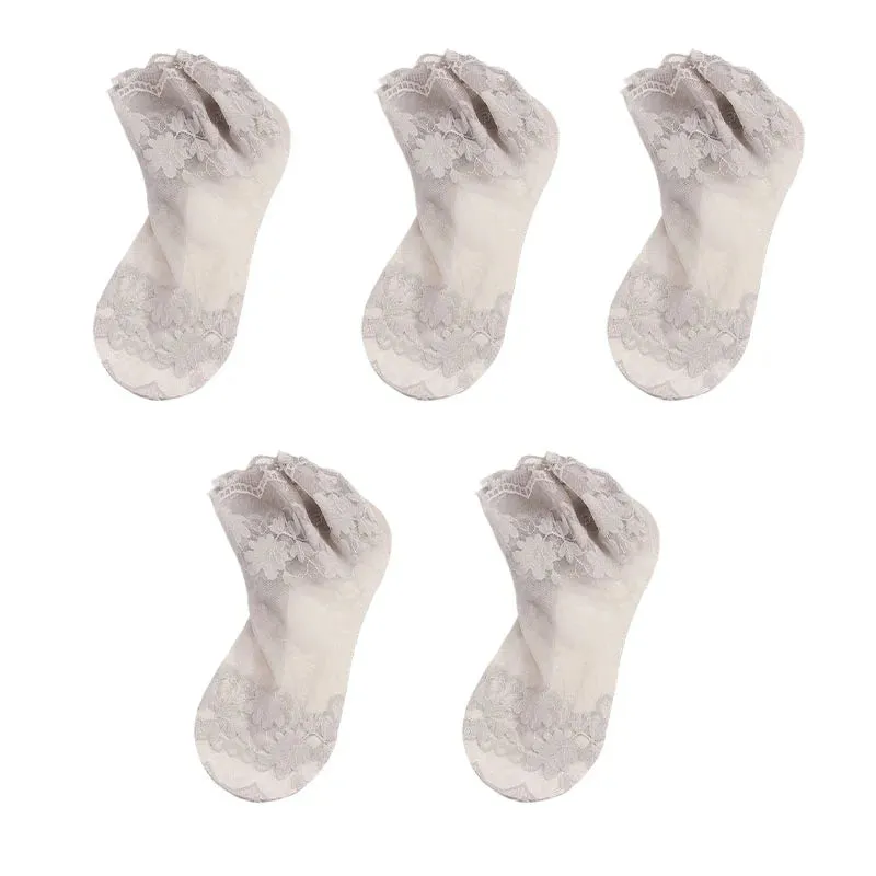 5 Pairs Summer Breathable Women Socks, Elastic Thin Leaves Design, Transparent Lace Invisible Lolita Boat Socks