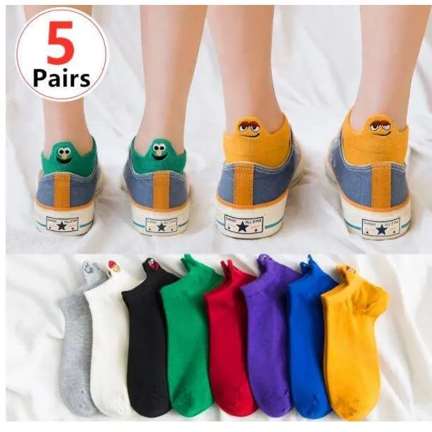 5 Pairs/Pack Women Cotton  Embroidered  Happy Fashion Ankle  Socks