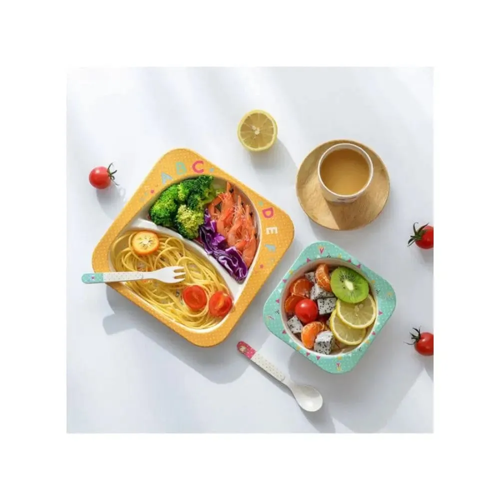 5PCS Unbreakable Kids Cutlery Set for Healthy Mealtime, Bamboo Children Dinner Set with Plate, Bowl, Cup, Fork and Spoon, BPA Free Dishwasher Safe, Panda