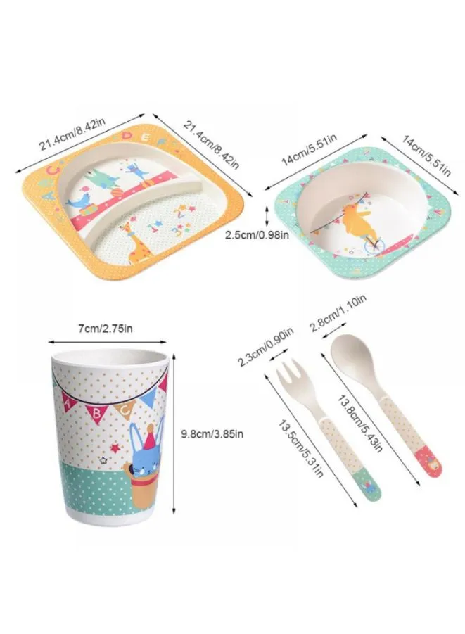 Eco-Friendly Bamboo Fiber 5pcs Kids Cutlery Set  - Creative Cartoon Dinnerware Set for Kids - Perfect Baby Feeding Solution, Pink Cat