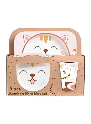 Eco-Friendly Bamboo Fiber 5pcs Kids Cutlery Set  - Creative Cartoon Dinnerware Set for Kids - Perfect Baby Feeding Solution, Pink Cat