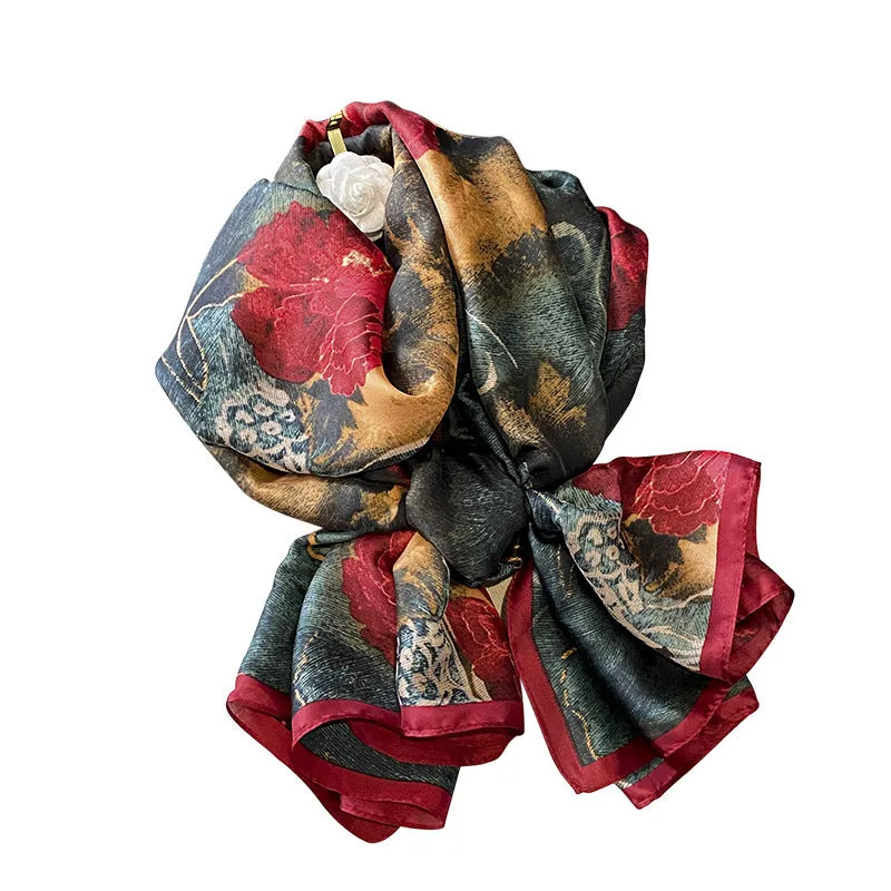 Flower Lightweight Sunscreen Imitated Silk Scarves