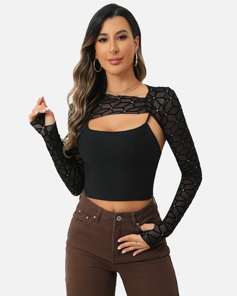 Halloween Mesh Crop Top with Cami Top Sets