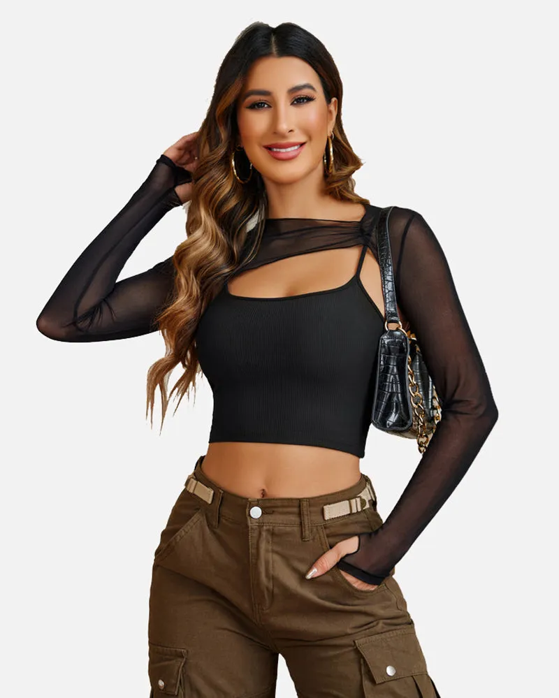 Halloween Mesh Crop Top with Cami Top Sets