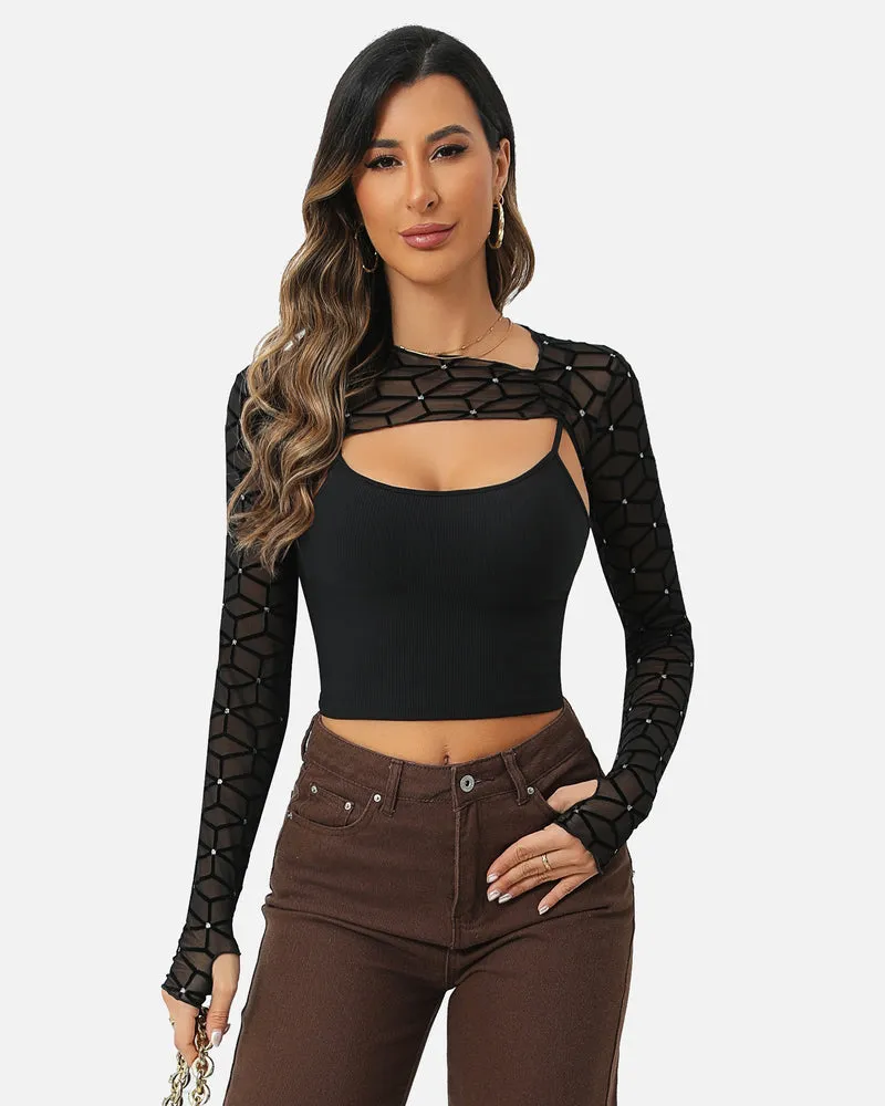 Halloween Mesh Crop Top with Cami Top Sets