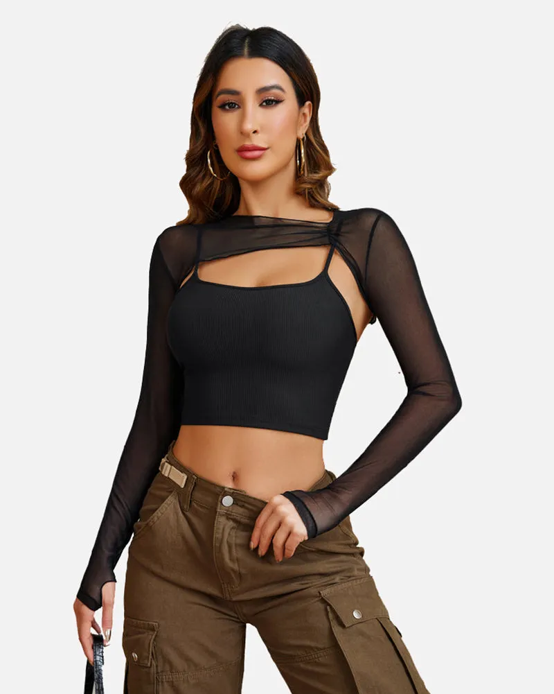 Halloween Mesh Crop Top with Cami Top Sets