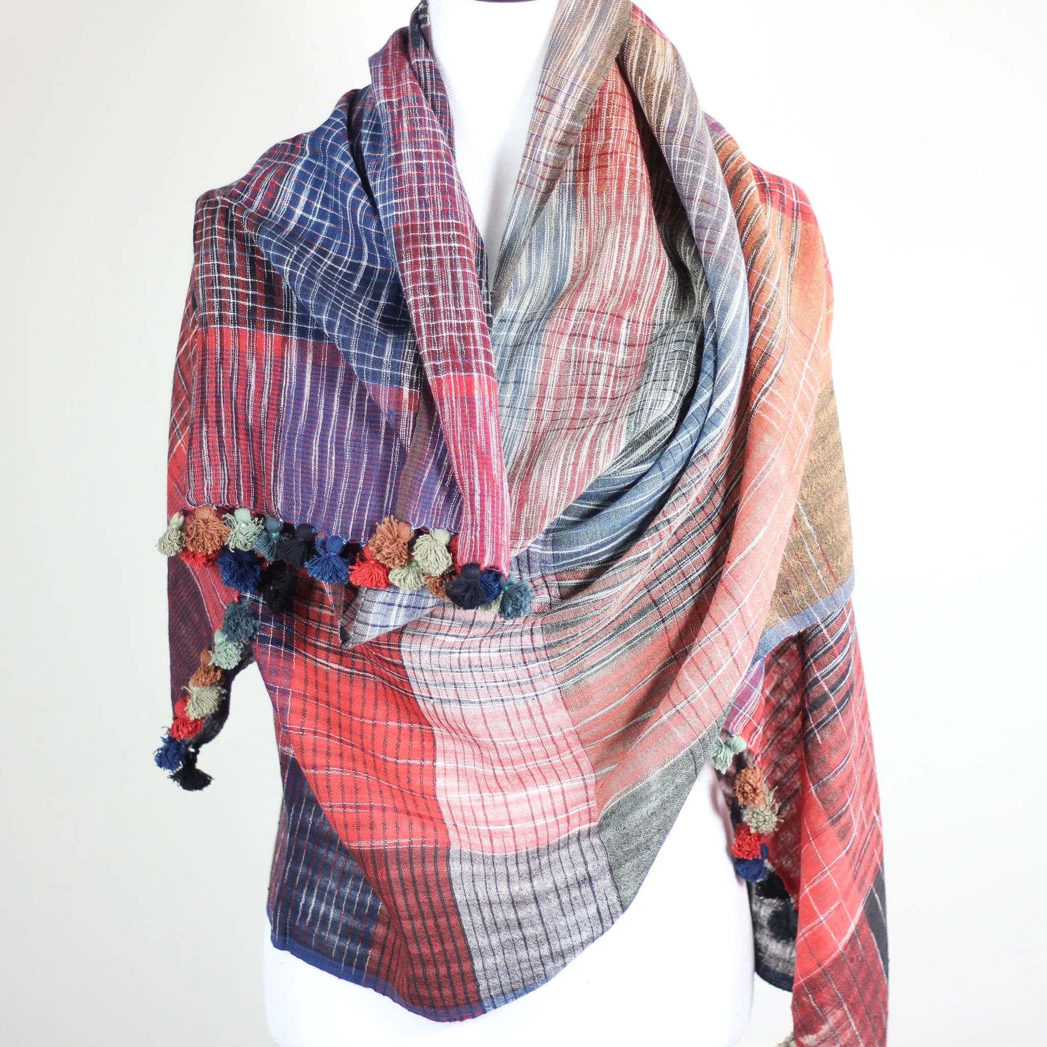 Hand Spun & Hand Woven Organic Cotton Wrap - Naturally Dyed Scarf | Multicolour, 26x82"