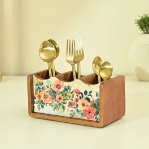 Handcrafted Pastel Flora Cutlery Holder | Made with Mango Wood