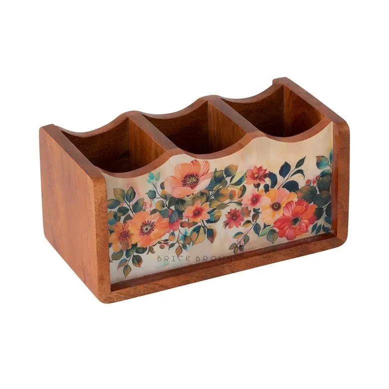 Handcrafted Pastel Flora Cutlery Holder | Made with Mango Wood