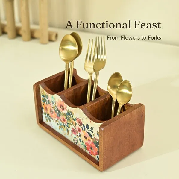 Handcrafted Pastel Flora Cutlery Holder | Made with Mango Wood