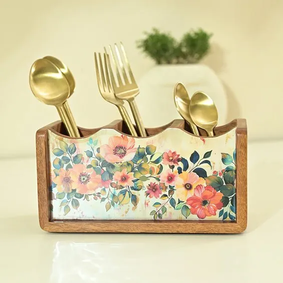 Handcrafted Pastel Flora Cutlery Holder | Made with Mango Wood