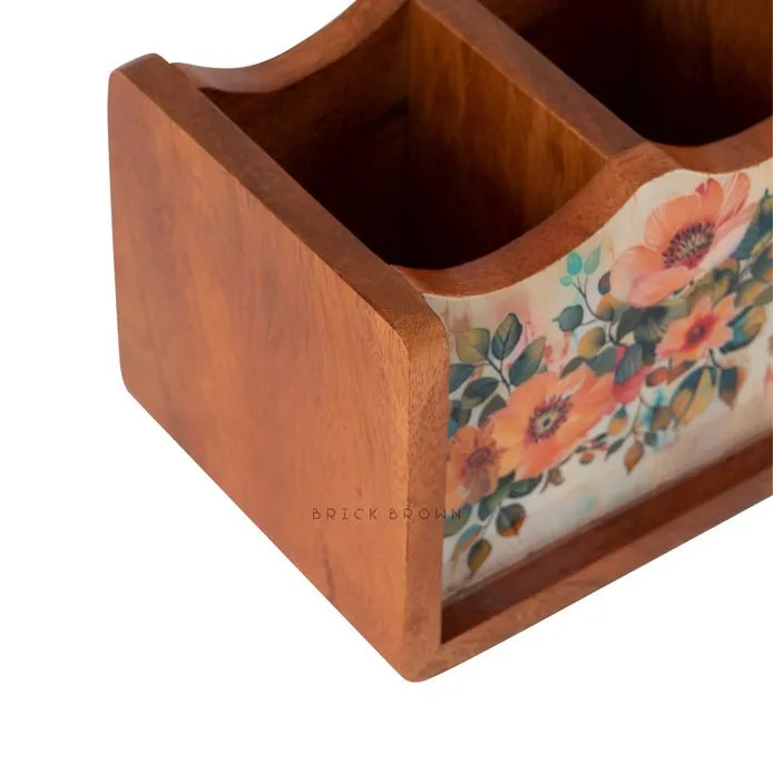 Handcrafted Pastel Flora Cutlery Holder | Made with Mango Wood