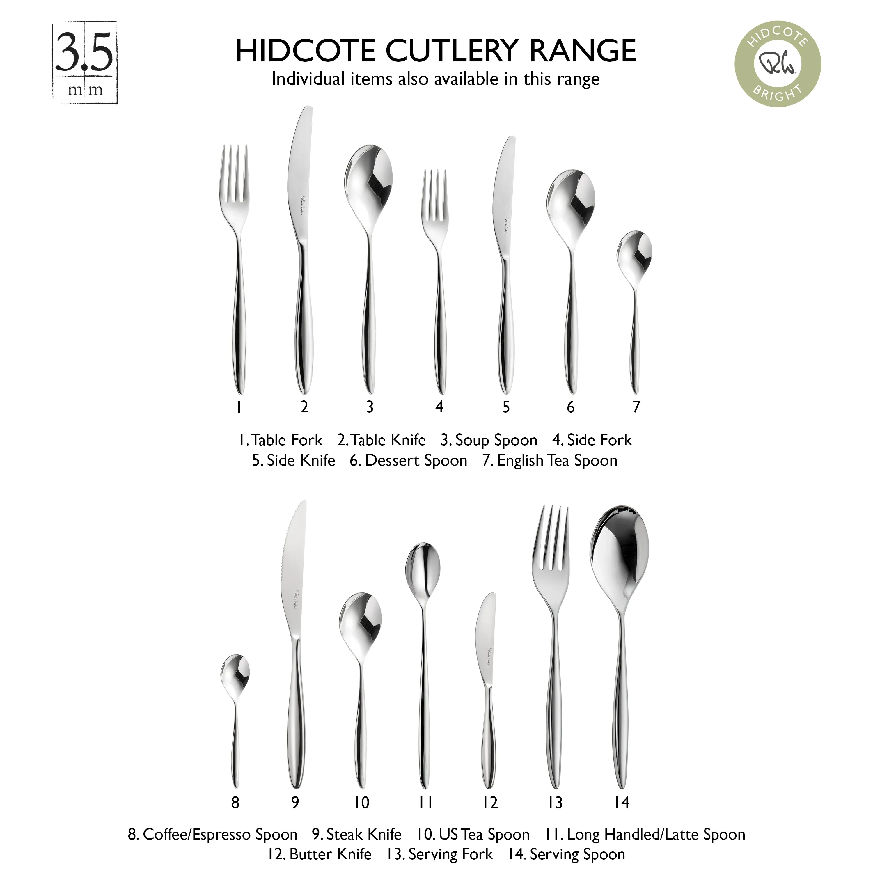 Hidcote Bright Cutlery Set, 42 Piece for 6 People