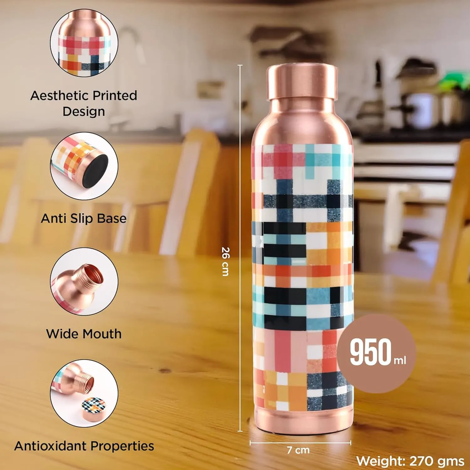 Kuber Industries 950ml Copper Water Bottle - Eco-Friendly & Leakproof Detox Tamaba Bottle for Office/Gym/Yoga/College, Men & Women-Colorful