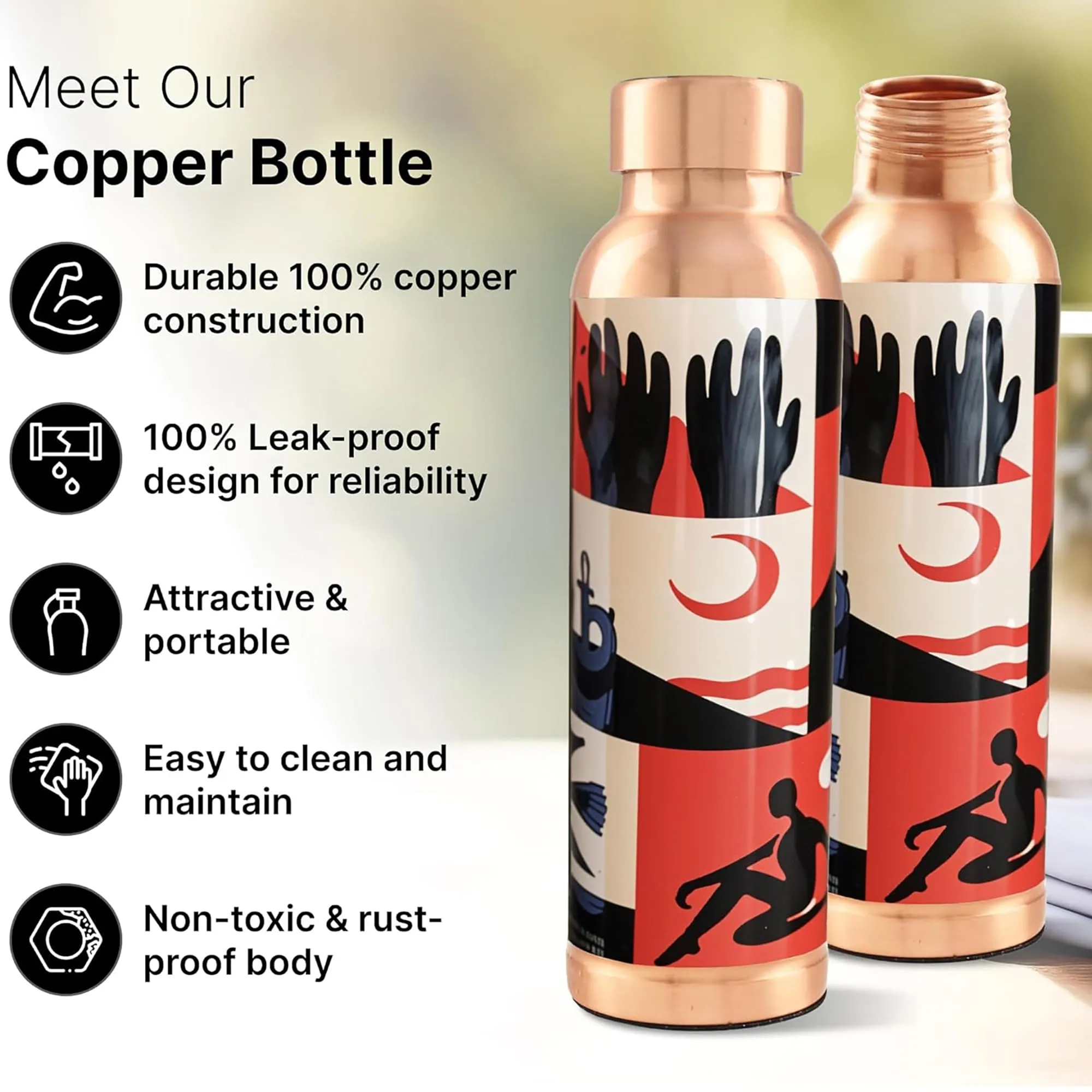 Kuber Industries Pack of 2 Copper Water Bottle - 950ml Leakproof Tamaba Bottle for Office/Gym/Yoga/College, Men & Women - Saharan Sunset Print