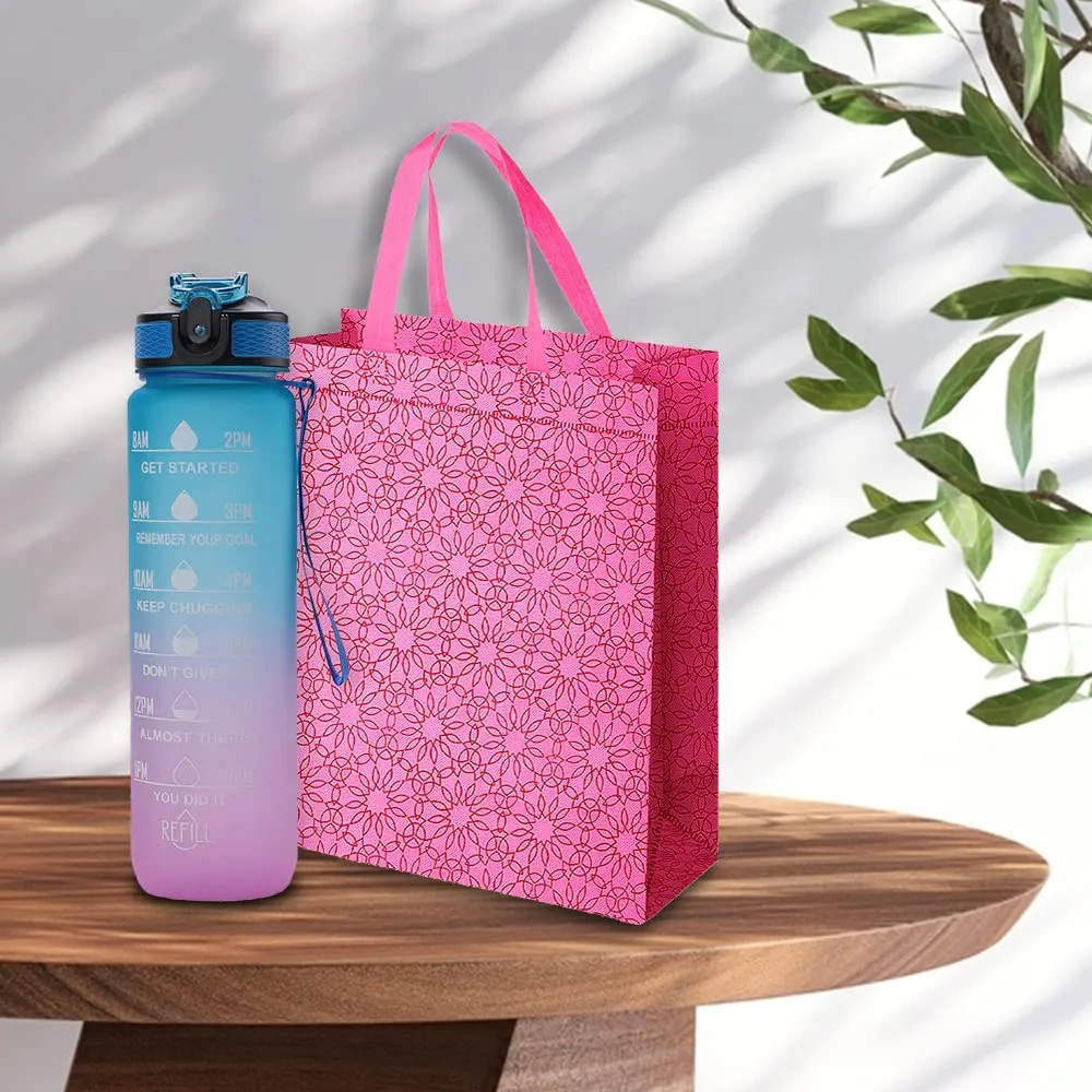 Kuber Industries Sipper Bottle 1 Litre and Non Woven Rectangular Flower Print Carry Bags | Bottle (Gradient Blue & Purple, 1 Pcs) | Carry Bags (Pink, 26 cm x 11 cm x 38 cm) - Pack of 12, Paper