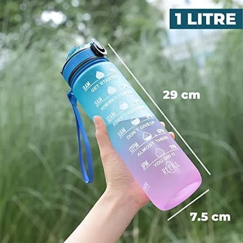 Kuber Industries Sipper Bottle 1 Litre and Non Woven Rectangular Flower Print Carry Bags | Bottle (Gradient Blue & Purple, 1 Pcs) | Carry Bags (Pink, 26 cm x 11 cm x 38 cm) - Pack of 12, Paper