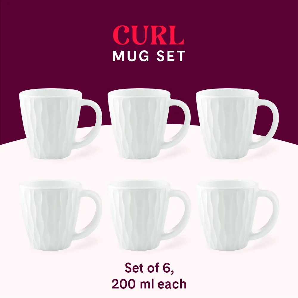 Larah by BOROSIL Curl Opalware Cup, Set of 6 Tea/Coffee Cups, 200 ml Each, Microwave & Dishwasher Safe, Bone-Ash Free, Crockery Set Ideal for Daily Use & Gifting, White