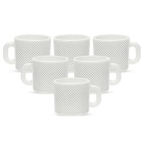 Larah by BOROSIL Grey Pixel Opalware Mug | Set of 6 Tea/Coffee Mugs, 100 ml Each | Microwave & Dishwasher Safe | Bone-Ash Free | Crockery Set Ideal for Daily Use & Gifting | White