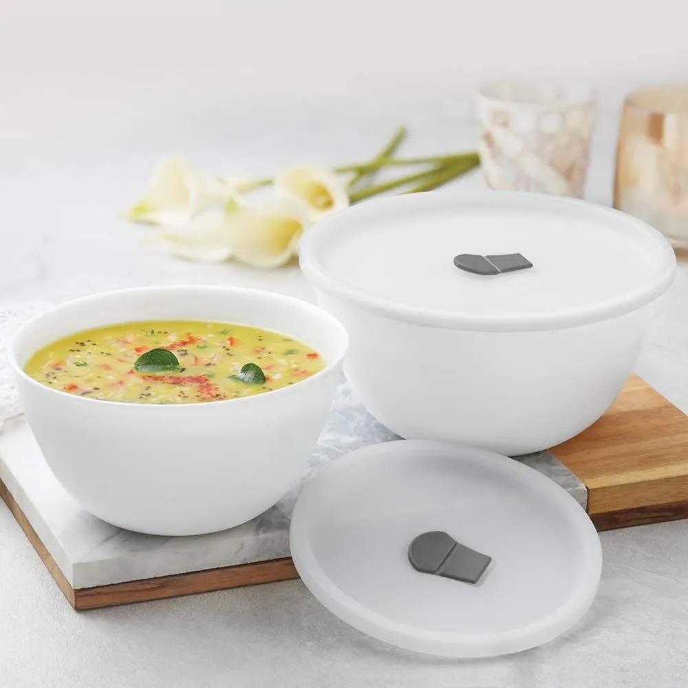 Larah by Borosil Opalware Serving Bowl Set with Lid | 2 Pieces (1000 ml   1500 ml) | Microwave & Dishwasher Safe | Bone-Ash Free | Crockery Set for Dining & Gifting | White