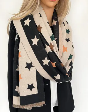 LARGE BLACK WOOL STAR PRINT REVERSIBLE WINTER SHAWL BLANKET SCARF