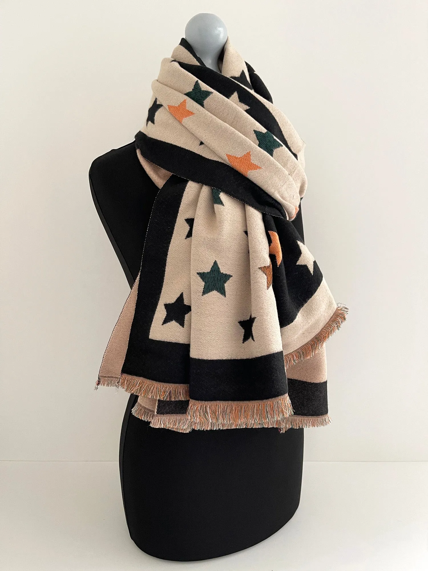 LARGE BLACK WOOL STAR PRINT REVERSIBLE WINTER SHAWL BLANKET SCARF