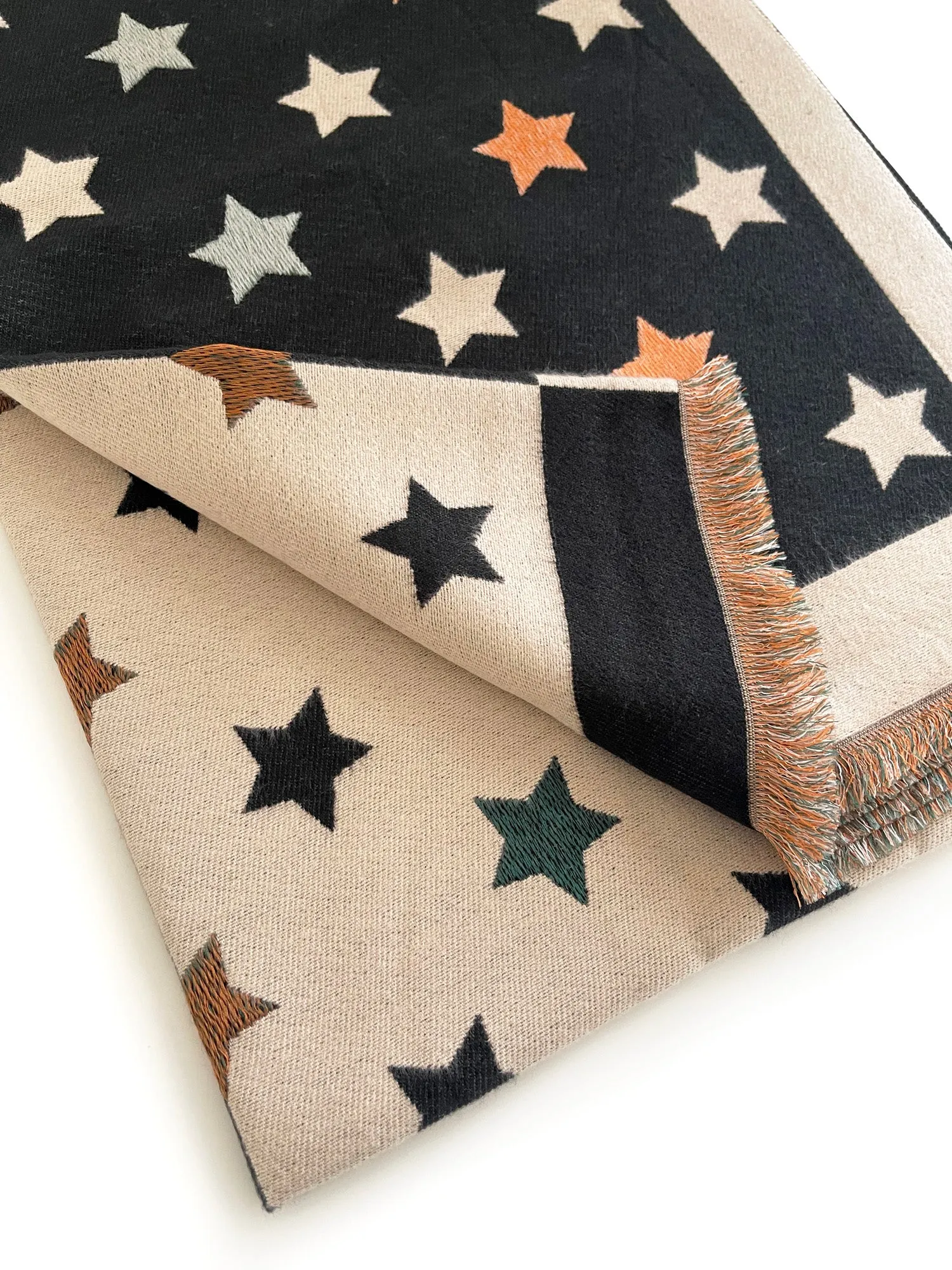 LARGE BLACK WOOL STAR PRINT REVERSIBLE WINTER SHAWL BLANKET SCARF