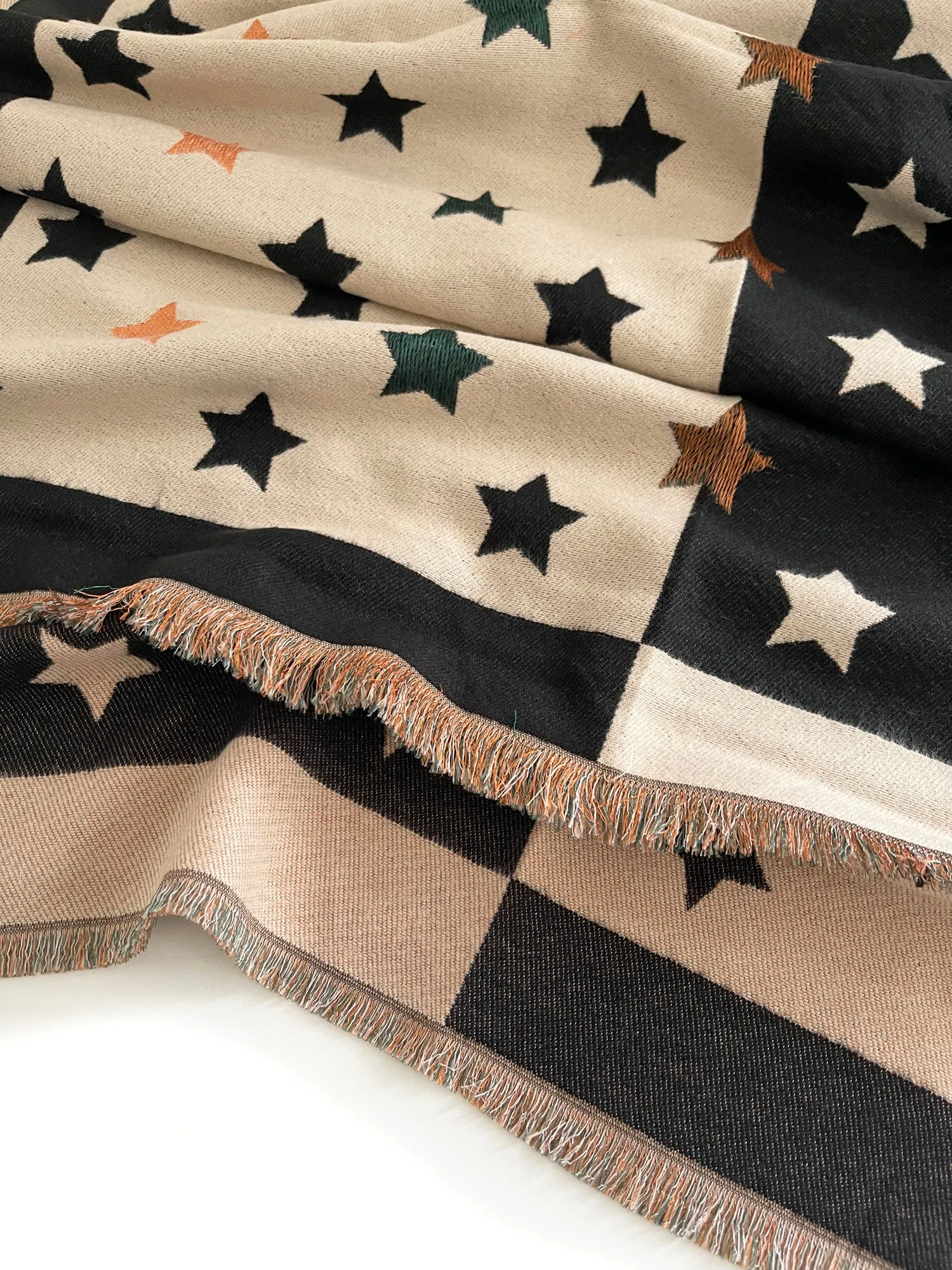 LARGE BLACK WOOL STAR PRINT REVERSIBLE WINTER SHAWL BLANKET SCARF