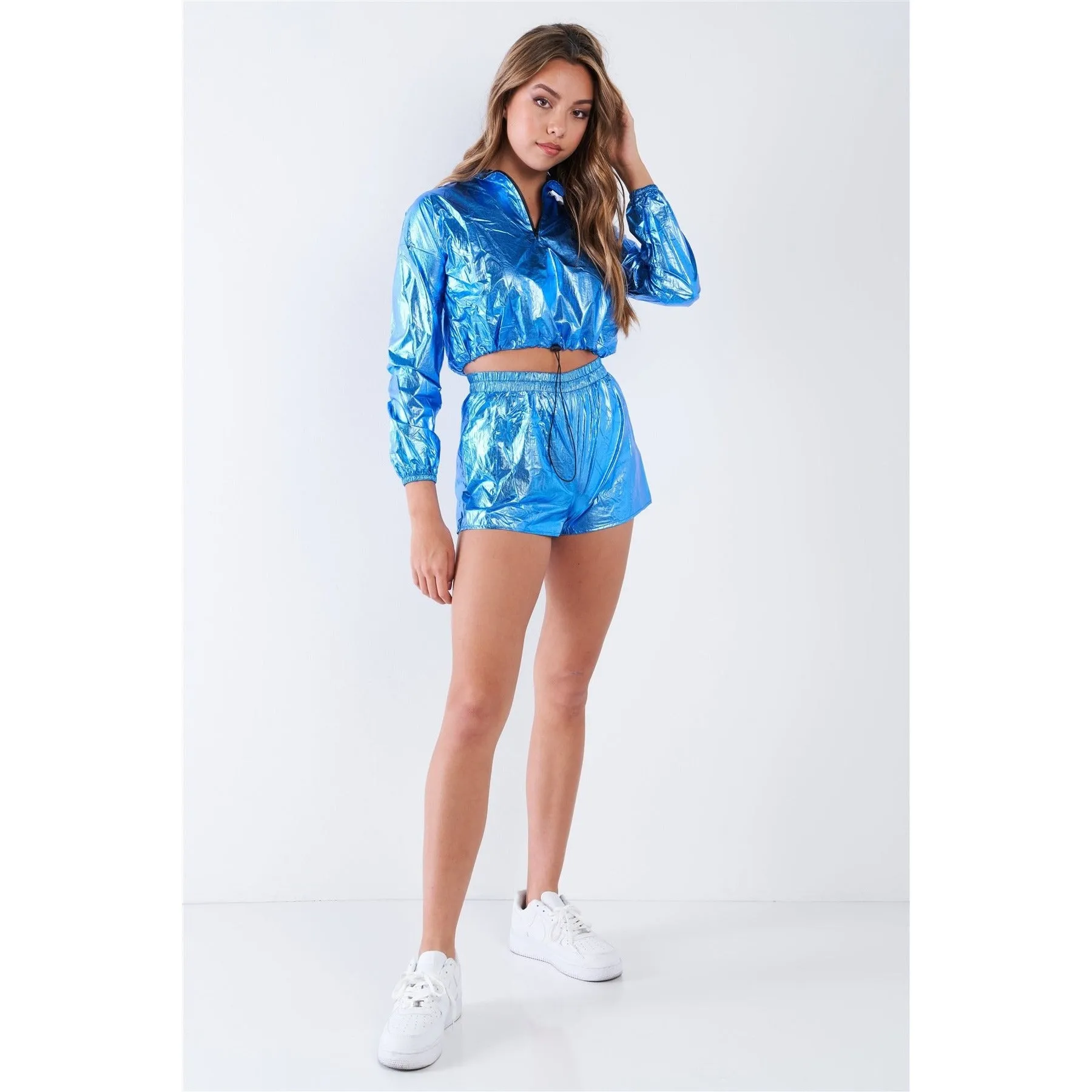 Metallic Lightweight Drawstring Crop Top & Shorts Set