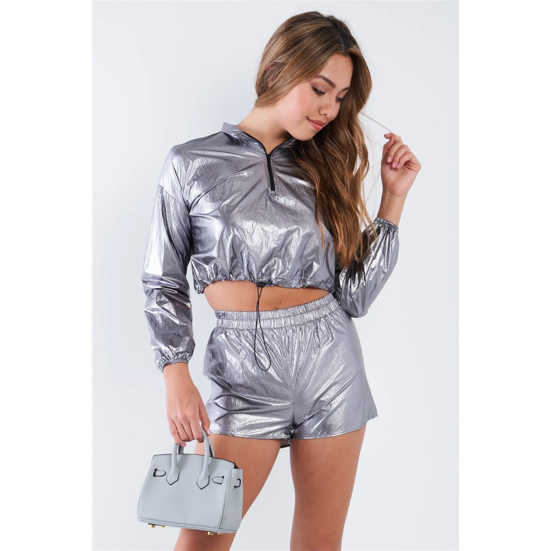 Metallic Lightweight Drawstring Crop Top & Shorts Set