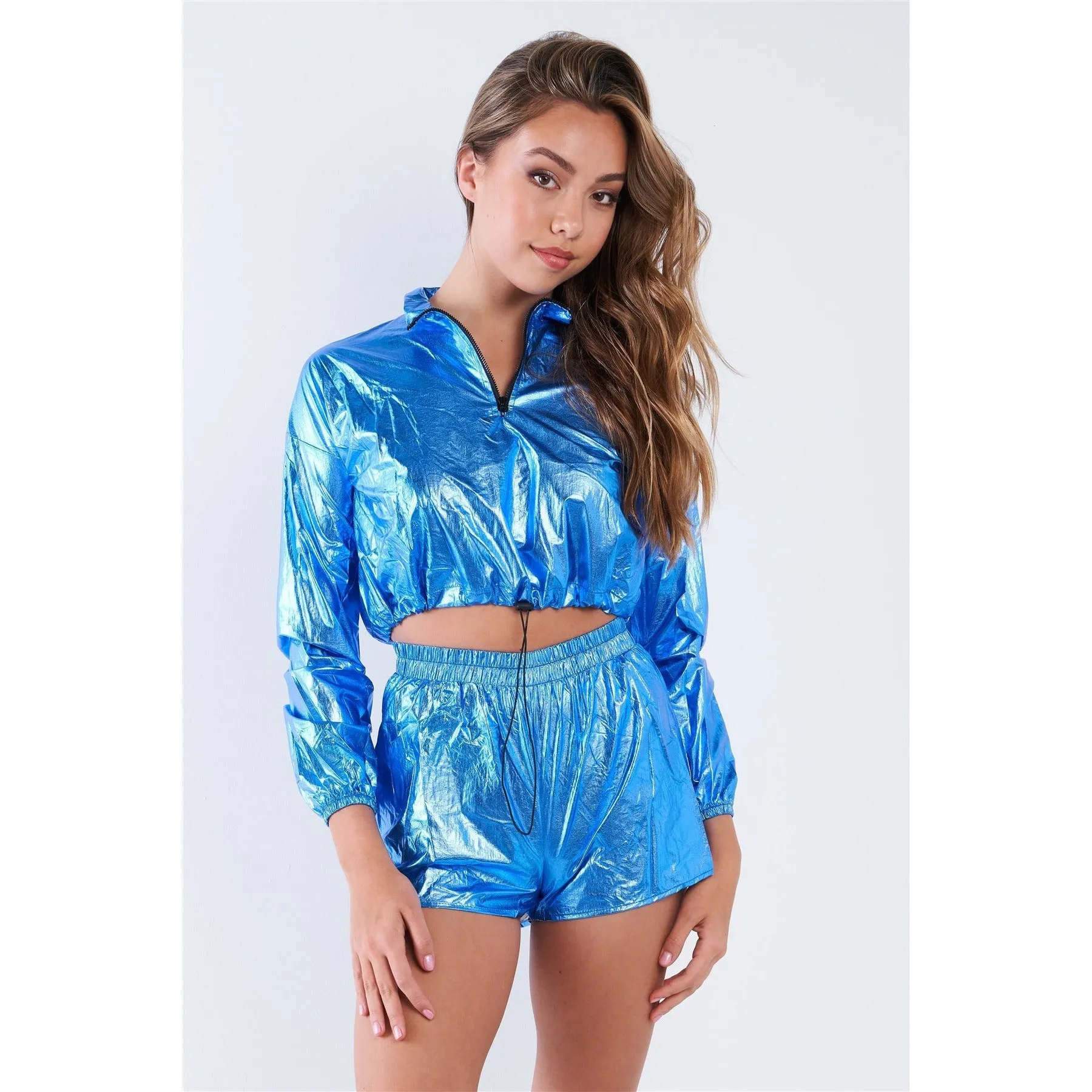 Metallic Lightweight Drawstring Crop Top & Shorts Set