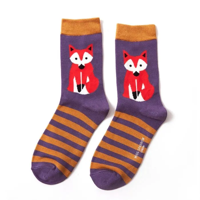 Miss Sparrow Fox & Stripes Purple Socks