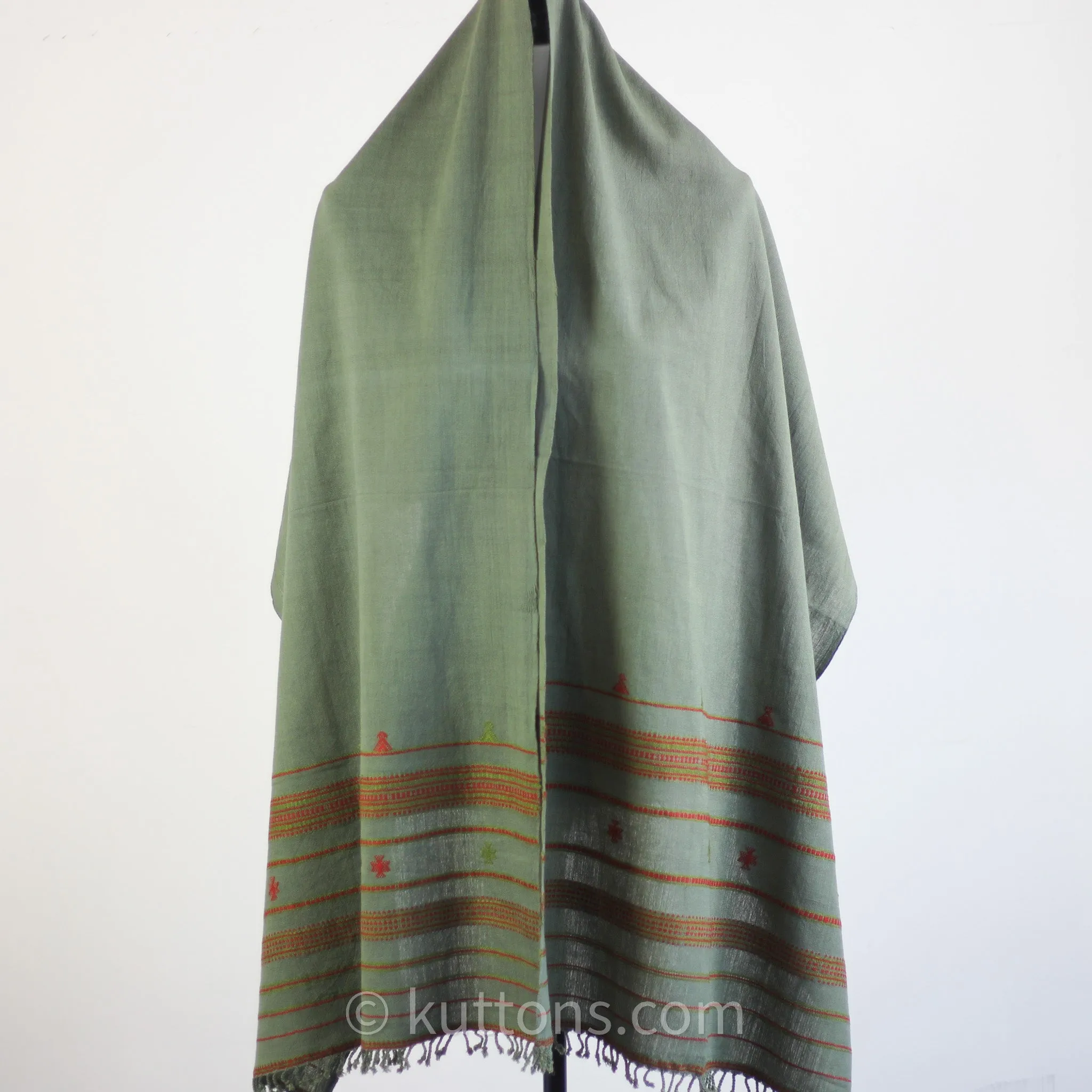 Organic Kala Cotton Scarf - Handwoven Stole with Tassels | Green, 22x76"