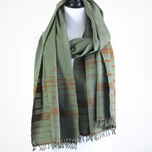 Organic Kala Cotton Scarf - Handwoven Stole with Tassels | Green, 22x76"