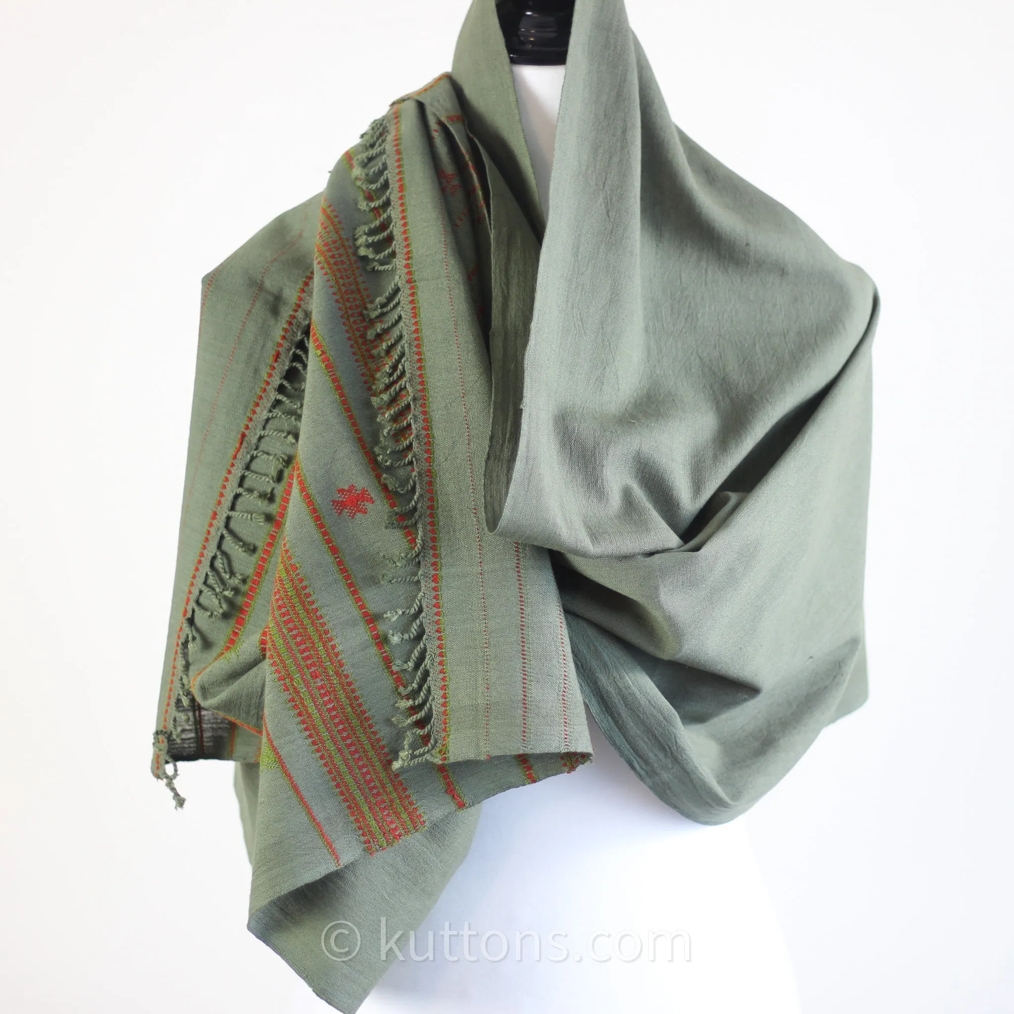 Organic Kala Cotton Scarf - Handwoven Stole with Tassels | Green, 22x76"