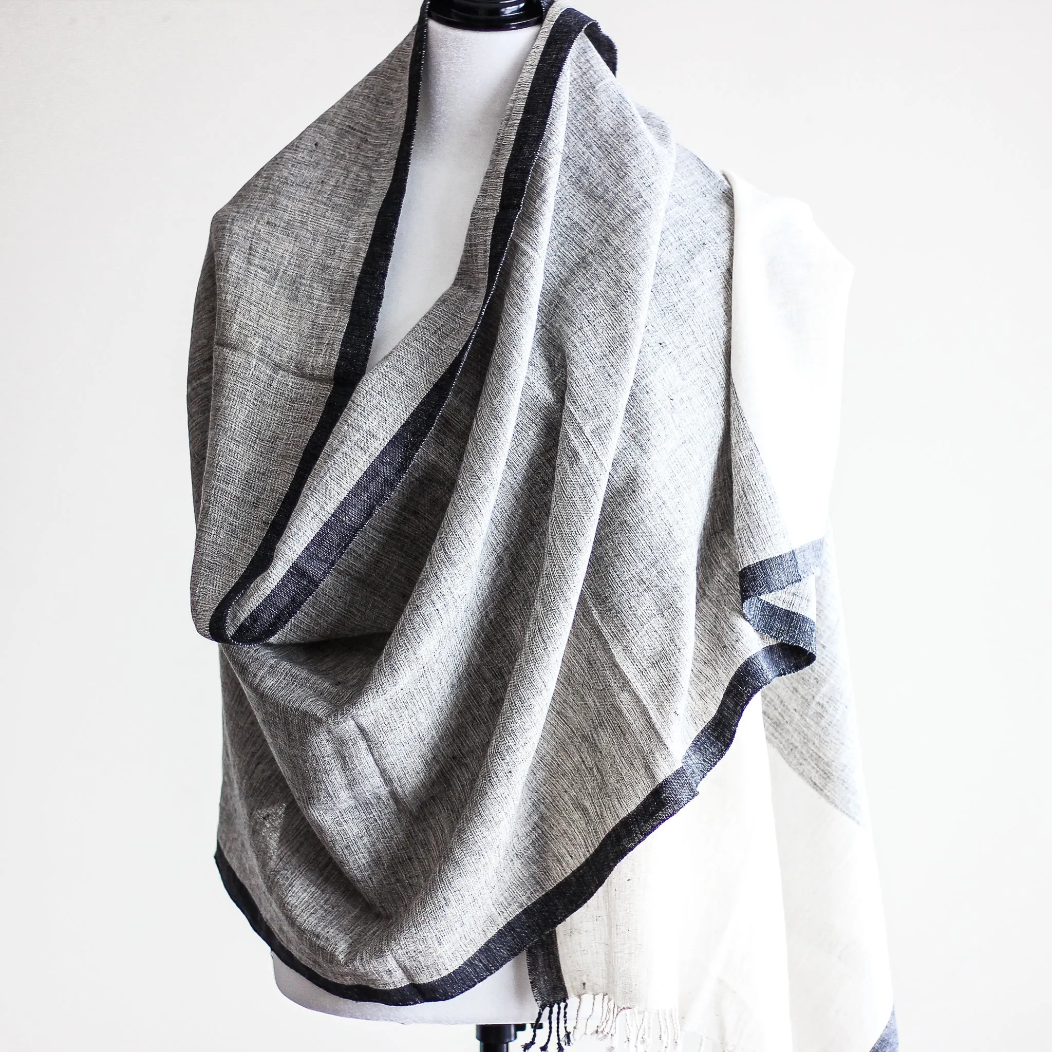 Organic Kala Cotton Wrap with Tassels - Handwoven Genetically Pure Organic Cotton Scarf | Cream-Gray, 23x84"