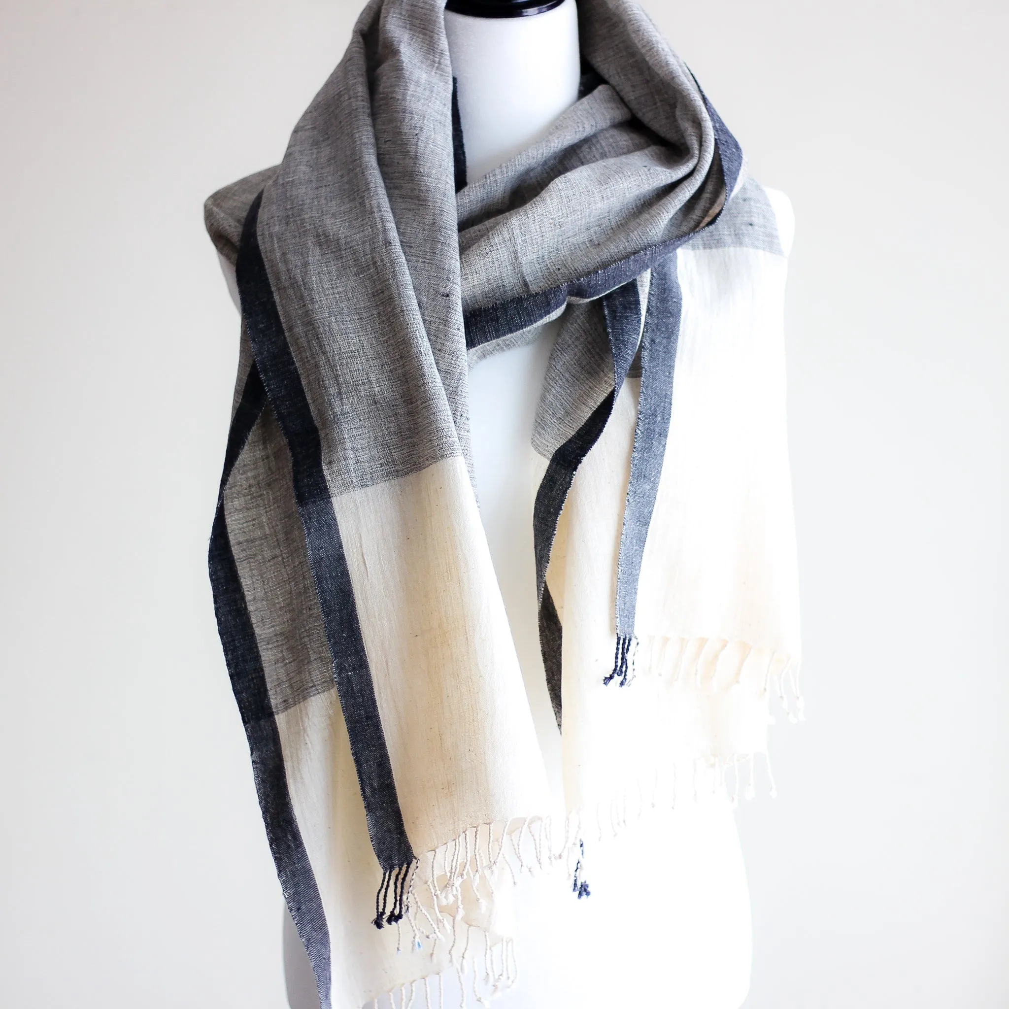 Organic Kala Cotton Wrap with Tassels - Handwoven Genetically Pure Organic Cotton Scarf | Cream-Gray, 23x84"