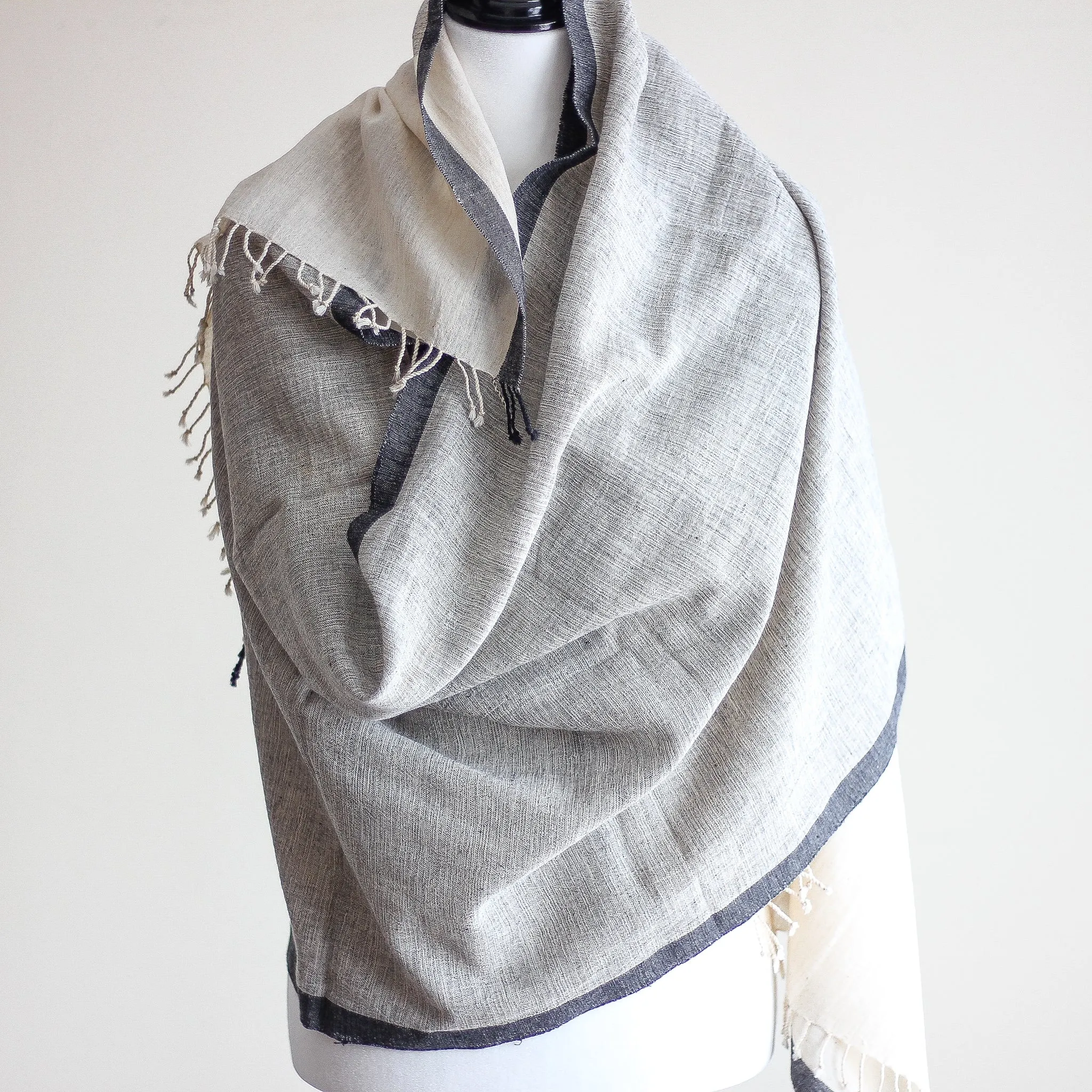 Organic Kala Cotton Wrap with Tassels - Handwoven Genetically Pure Organic Cotton Scarf | Cream-Gray, 23x84"