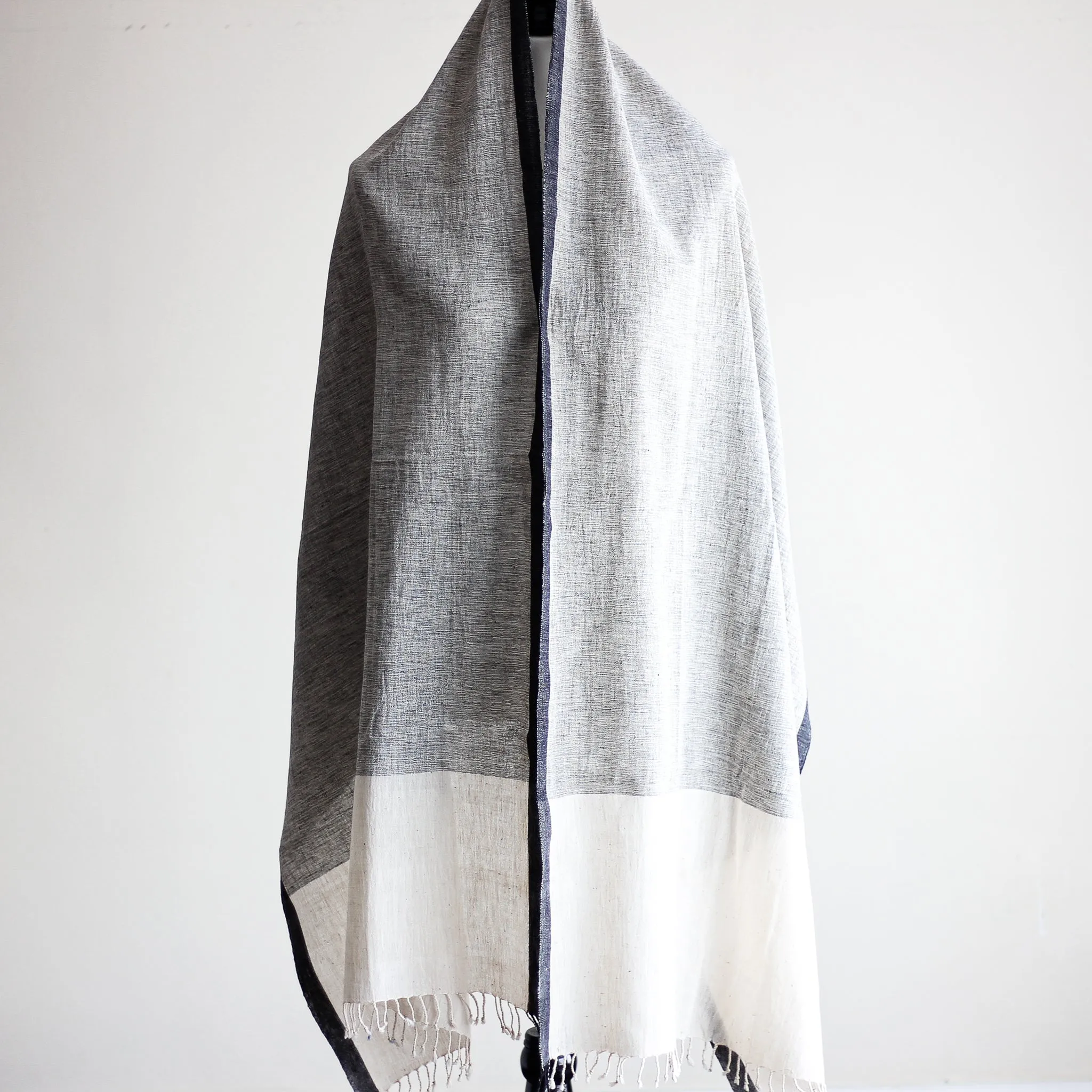 Organic Kala Cotton Wrap with Tassels - Handwoven Genetically Pure Organic Cotton Scarf | Cream-Gray, 23x84"