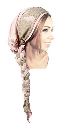 Pre-Tied Champagne Pink Head-scarf Boho Chic Head-Wrap Vintage Lace Handmade Coconut Buckles! (Champagne beige lace long)